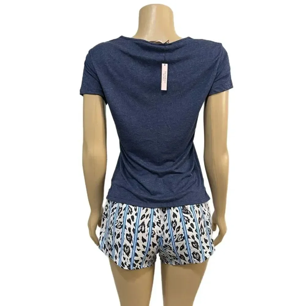 Victoria’s Secret Soft short sleeve top & animal print shorts pajama Set blue Xs